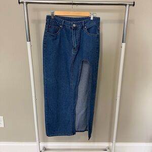 Blue Denim Maxi Skirt with Front Slit